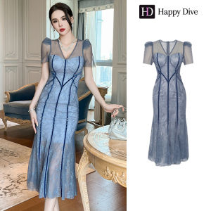Happy Diva เดรสผู้หญิง เดรสสีฟ้า เดรสลูกไม้ เดรสหางปลา เดรสทำงาน เดรสไฮโซ เดรสออกงาน เดรสไปงานแต่ง เดรสเซ็กซี่ เดรสฝรั่งเศส 20602