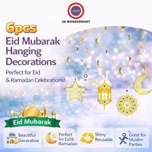 6pcs EID Mubarak Decoration Swirl Banner Star Moon Ceiling Hanging Ornament Ramadan Kareem Islam Muslim Party Supplies