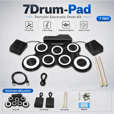 Portable Electronic Drum Set 9-Pad Roll-Up Silicon Drums Pad Compact Size Digital Drum Kit Hand Practice with Drumsticks Sustain Pedals for Kids & Adults