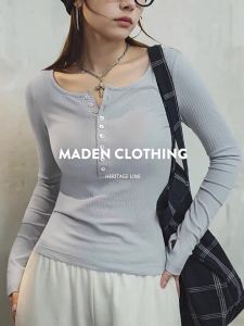 Maden Women’s Slim Fit Henley Shirt Ribbed Knit Long Sleeve T-shirt O-Neck Layering Top Solid Color Autumn Winter Inner Wear2026