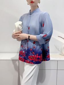 S-828# One Size (45-75kg) Spring/Summer Pleated Shirt WomenS Stand Collar Printed Jacket Cardigan Toothpick Pleated Clothes
