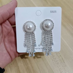 ZEEMIN S925 เข็มเงินเกาหลีแฟชั่นเกินจริงบุคลิกภาพต่างหูผู้หญิงสุทธิสีแดงอารมณ์ไข่มุกประดับเพชรพู่ต่างหูยาว