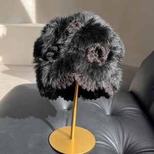 DOWNA Rabbit Fur Fluffy Knitted Skull Cap Warm Windproof Winter Crochet Hats Elastic Ear Protection Plush Hat for Women