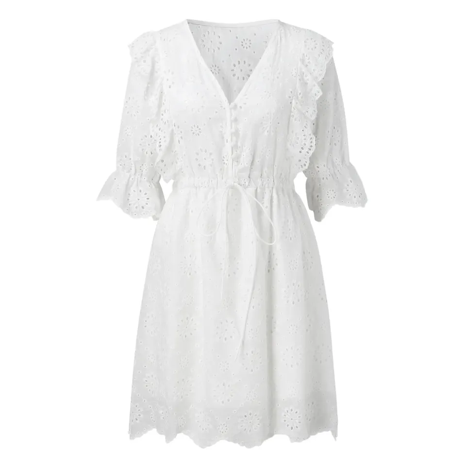 Ladies White V Neck Long Dress Evening Dress Formal Dress