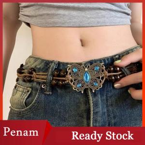 [PAM] Bohemian Style Butterfly Water Woven Ethnic Style Wooden Bead Womens Belt Casual Vacation Style Waist Rope