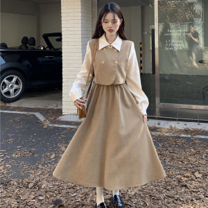 Dress Mini Kasual Wanita Highwaist French Style Lengan Panjang Terbaru Kekinian Kerah Berdiri Rok A-line Fashion Pakaian Elegant