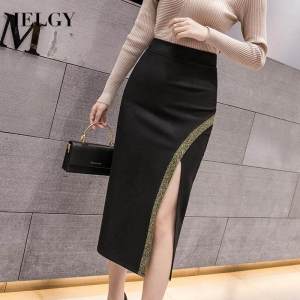 IELGY Womens pants fashion mid-length casual high waist split all-match simple black skirt