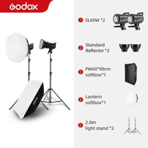 Godox Sl60w 2 unit LED Video Light Kit SL-60W 60Ws 5600K Studio LED Video Light Continuous Video Light + 2x 2.8m Light Stand + 2x Lantern Softbox LED Light Kit