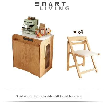 【Pre-order】Japanese Solid Wood Dining Table - Island Table - Integrated Household Small Unit - Expandable Rock Plate Dining Table - Multifunctional Folding Storage Bar