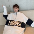 Oversize Sweater Polo Shirt Wanita Gaya Korea Warna Longgar yang Cocok dengan Warna Atasan Jaket Atasan Lengan Panjang. 