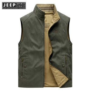 Jeep Spirit 1941 estd Spring and Autumn Double sided Wearing Vest for Mens Pure Cotton American Work Clothes Horse Jackets Outdoor Leisure Fishing Outer Wearing Kam Shoulder Coat
