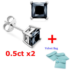Sterling Silver 5x5mm Princess Cut Black Moissanite Studs Earrings Birthday Jewelry for Women Men Anniversary Gifts