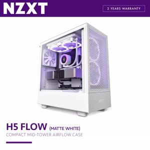NZXT H5 Flow Compact Mid-tower Desktop PC Gaming Airflow ATX PC Desktop Case Chassis - Matte Black / Matte White