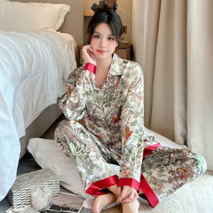 YOLO Summer Women Pajama Set Short Sleeve Pajamas for Woman Stain Silk Fashion Luxury Pijamas Flowers Bird Print Lapel Sleepwear