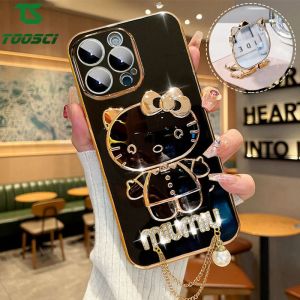 Luxury Hello Kitty Makeup Mirror Diamond Pearl Pendant Plating Holder Stand Phone Case Soft Back Cover For VIVO Y35 Y36 Y01 Y02S Y15A Y15S Y16 Y21A Y21S Y21T Y22S Y33S Y33T Y75 Y77e