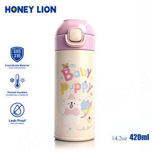 HoneyLion - 12-Hour Cold Retention Kids Vacuum Flask | 420ML 316 Stainless Steel with Strap | Iced Drinks Ready Puppy Design for School