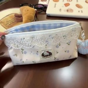 Christmas gifts Halloween Sanrio Hello Kitty Fresh Lace Floral Pattern Pencil Case Simple and Large-capacity Student Stationery Storage Cute Makeup Bag