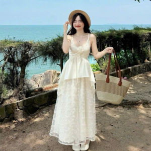 Set đồ nữ mặc hè set Quảng Châu áo hai dây phối Ren full lót đính bông kèm chân váy dáng dài xòe