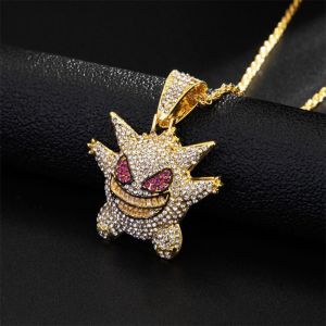 Gengar Necklace Geng Ghost Pendant Zircon Silver Gold Hip Hop Cuban Chain Charm Mens Rock Party Jewelry Gift