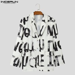 INCERUN Mens Artistic Hand Drawn Letter Design Casual Blazer Long Sleeve Lapel Leisure Suits (Korean Style)#241223