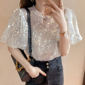 Women Sequined Top Short Sleeve Bling Shiny T Shirt Lady Sparkling T Shirt Formal Clothes Temperament Party Nightclub Dress