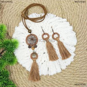 [COD] WEICHENG Bohemian Vintage Style Fringe Pendant Wood Circle Design Long Necklace Earrings Jewelry