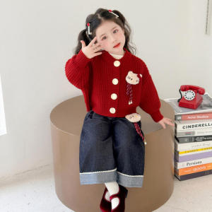 Christmas Gift Halloween 3Pcs Hello Kitty Girls Spring Autumn Sweater Set Anime Childrens Fashion Sweet Jeans Little Girls Casual Sports T-Shirt Tops