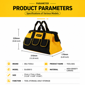 Deli Heavy Duty Canvas Tool Bag Large Capacity Waterproof Dustproof Wear‑Resistant Multi‑Pocket Tool Storage Organizer Pouch for Electrician Carpenter Handyman Construction Repair Work DL430013