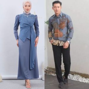 Couple Gevira Dress Kemeja Batik Lengan Panjang Gamis Ceruty Babydoll Baju Kondangan Terbaru