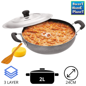 [Made in India] 3 Layer Non Stick Kadai Pot Cookware With Stainless Steel Lid 24CM Diameter 2L Pot PFOA FREE