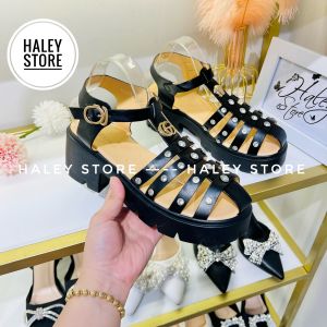 Giày sandal bánh mì rọ GC đen HALEY STORE 6cm mũi tròn 2 tag khóa gót vuông tiểu thư đi chơi đi tiệc đi học đi làm