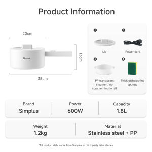 【NEW】Simplus 1.8L Multi-Cooker  600W Power  S.STeel Steamer  Titanium Ceramic Coating  Long Handle Multi-Cooker DZGH012