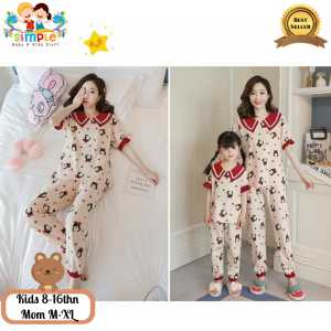 Baju Tidur Couple Ibu Dan Anak Perempuan Import Bahan Katun Motif Krem Merah Panjang #14