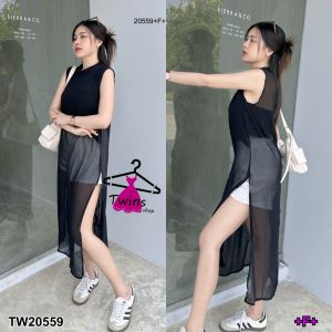 TW20559 set 2 ชิ้น เสื้อชีฟองแขนกุดตัวยาว + กางเกงขาสั้น