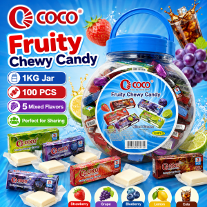 COCO Mini Fruity Chewy Candy Mix Flavor Jar 1KG-100pcs -Flavor Strawberry/Grape/Blueberry/Lemon/Cola-Leisure - Party - Sharing - Office snacks