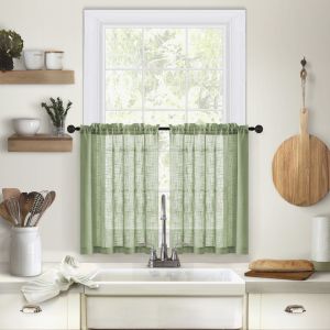 HDTRJ 2PCS Light Filtering Linen Textured Kitchen Short Curtain Solid Color Semi Transparent Short Sheer Curtains Modern Through-shaft Type Gauze Tulle Kitchen Curtain Bathroom