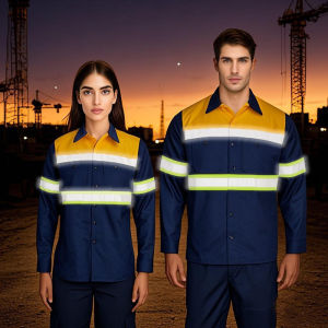 เสื้อทำงานผู้ชายคุณภาพสูง สีน้ำเงินเข้ม ใส่แถบสะท้อนแสงสีเหลือง-เขียวมะนาว สำหรับงานกลางแจ้ง