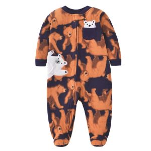 Polar Fleece Baby Footed Romper with a Small Pocket All-over Cartoon Print&Embroidery Zipper Onesie Warm for Boys Autumn Winter2026