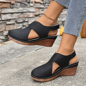 [Free Shipping] New Style Casual Sandals With Hollow Design Breathable Fabric Hook-And-Loop Straps Wedge Heel Open-Toe Design And Stitched Detailing