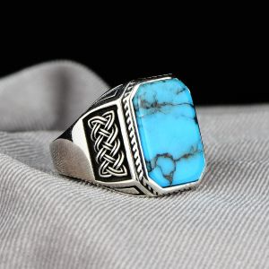 Vintage Turkish Handmade Ottoman Signet Ring For Men Women Ancient Silver Color Synthetic Turquoise Ring Retro Arabic Jewelry H260531