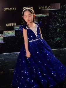 2025Childrens Hosts Dress Princess Dress Western Style tiskirt Heavy Industry Girls Catwalk Piano Performance Costume Sequins09/01