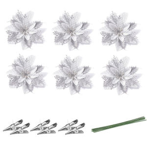 6/12PCS Poinsettia Artificial Flower for Christmas Tree Decor Flower Glitter Xmas Wreath Decor for Home Xmas Party Decor
