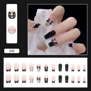 Black Series: 24 pcs Decorative Fake Nails Set With Glue & DIY Design Extension Nail Art