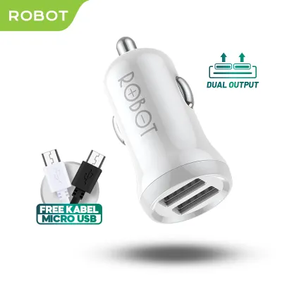 Robot Car Charger Dual USB Output 2.4A Fast Charging With Smart Cooling Chip Free Kabel Data Micro USB Casan Mobil Universal Untuk iOs Android RT-C07 Original Garansi Resmi 1 Tahun