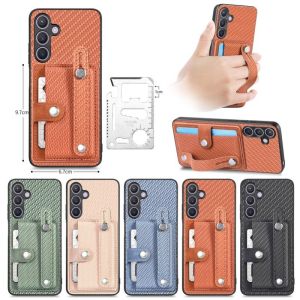 Wrist Band Case for Samsung Galaxy S24 S23 S22 S21 FE S20 Note 20 Plus Ultra Carbon Fibre Bracket Wallet Stand Phone Cover with Card Knife
