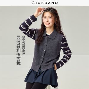 Giordano Beau Monde Women Turndown collar button closure knit vest Free Shipping 13356622