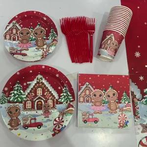 Christmas gold Red and Green Reindeer Theme Paper Plates Tablecloth Napkins Party Set Decoration Supplies