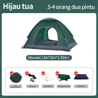 TENDA KEMAH LUAR RUANGAN ANTI UV TAHAN AIR ANTI SERANGGA 3-4 ORANG TENDA HIJAU UNTUK DUA ORANG ATAU TUNGGAL OTOMATIS UNTUK ANAK DAN DEWASA-Bumi Langkah