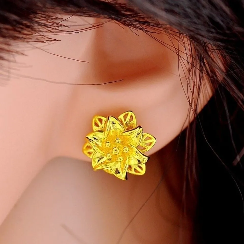 [Real Gold] Pure 18k Saudi Gold Earrings Retro Hollow Flower Earrings Women  Earings for Women Korean Style Lady Luck Lotus Earrings for Women Bridal
