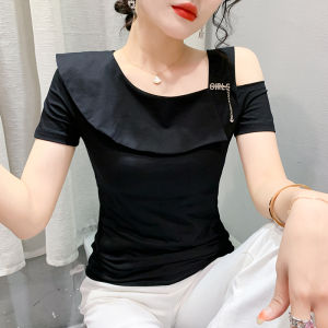 YIMEI Áo Màu Tím 2023 Cotton Mới Mùa Hè Áo Thun Nữ Cổ Một Đường Bèo Nhún Ôm Vừa Hở Vai Gợi Cảm Áo Phông Tay Ngắn